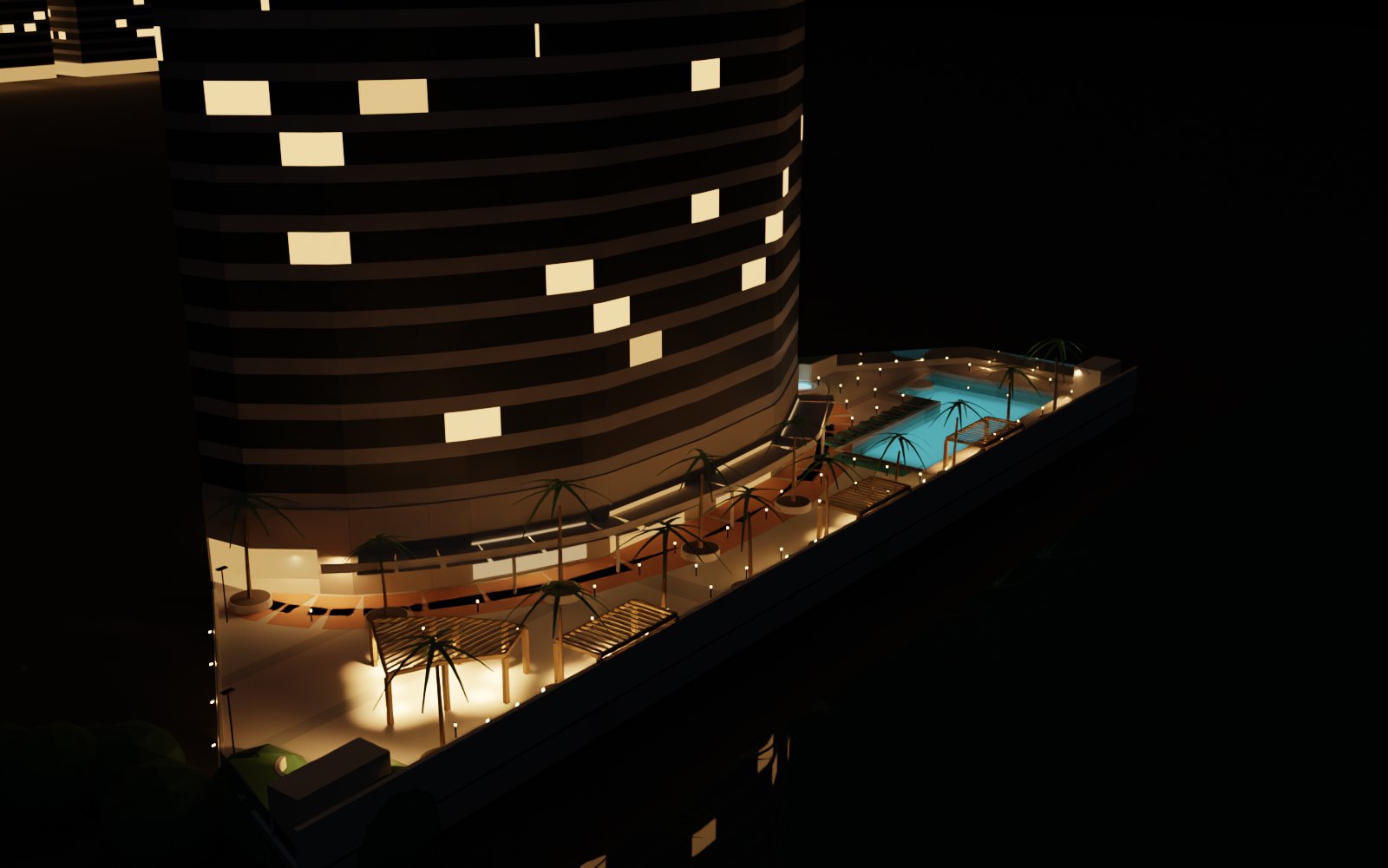 night rendering of a condominium pool deck beneath a lit tower