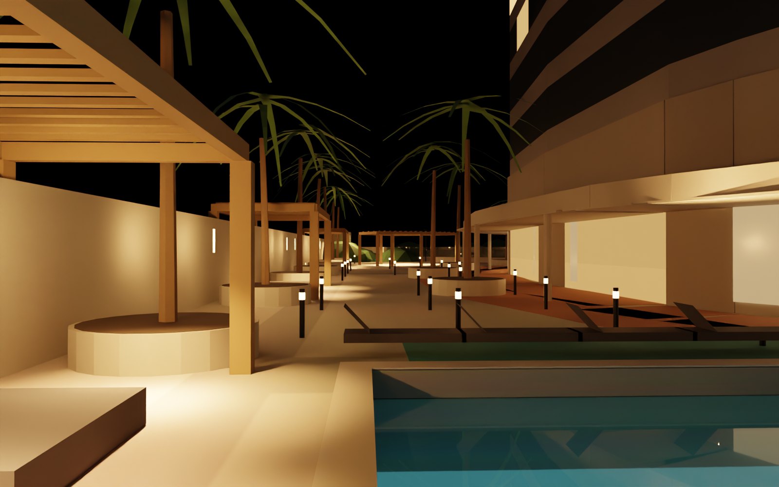 deck walkway at night, bollard lighting